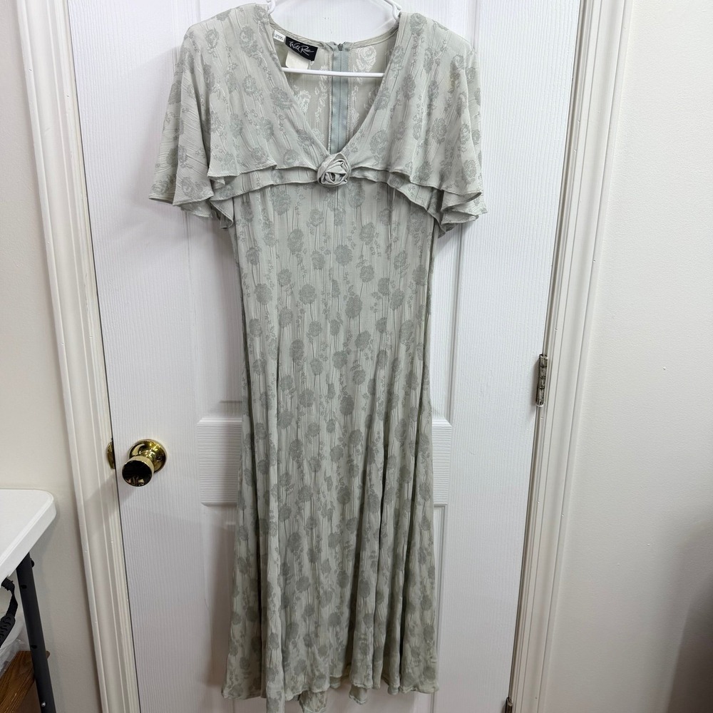 Vintage Wild Rose silver floral midi Dress with Ruffle Overlay cinched waist 8